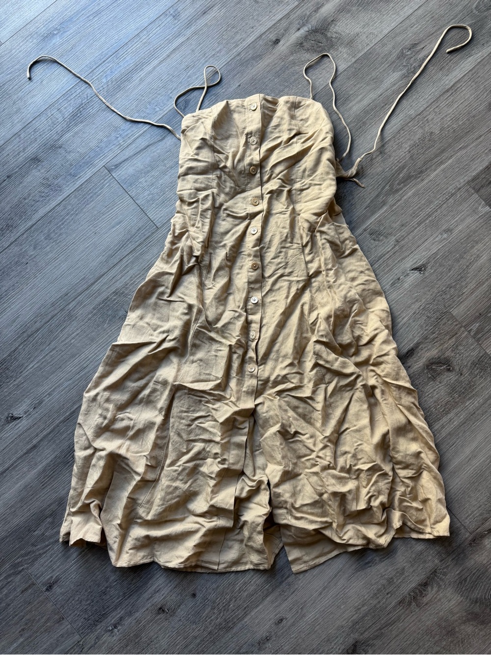 Beige Button-Front Midi Dress with Adjustable Straps